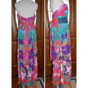 Dresses by Deb Strapless Teal & Rose Washed Fabric Print Beaded Maxi Gown